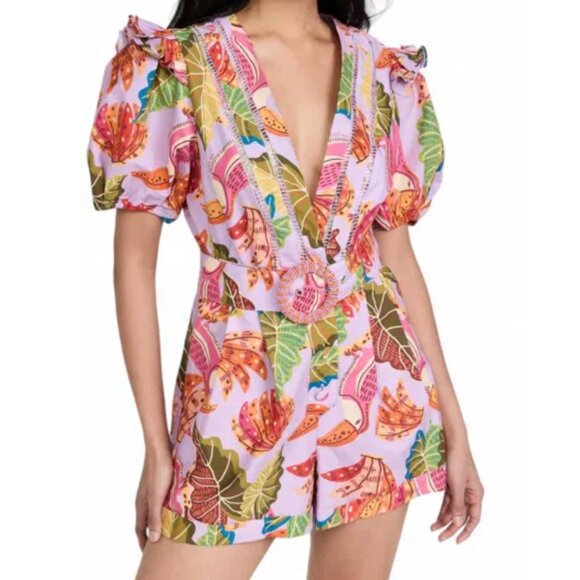 Farm Rio women's Lilac Beaks‎ & Bananas Romper - Picture 1 of 6
